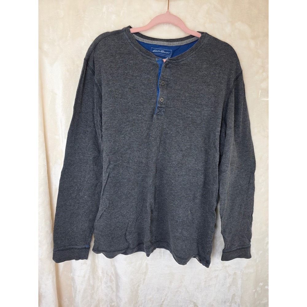 Eddie Bauer Mens Henley Shirt Long Sleeve Charcoal Gray Blue Trim Size TL Tall